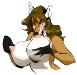 breast_grab breast_squeeze breastfeeding breasts brown_hair canine cassie_(foxydude) eyewear female fox galaxyboy glasses green_eyes hair hand_on_breast holding_breast huge_breasts mammal naughty_face smile solo