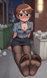 ai_generated ass bigmic145 bra breasts brown_hair clothed clothed_female clothing earrings feet female female_only foot_fetish glasses julie_powers looking_at_viewer netflix panties panties_under_pantyhose pantyhose police police_uniform policewoman ponytail scott_pilgrim scott_pilgrim_takes_off skirt solo_female