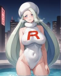 1girls ai_generated bare_shoulders blue_eyes blush brainwashed cityscape clothes_writing corruption covered_navel covered_nipples female fur_collar gluteal_fold grey_hair hat heavy_breathing large_breasts leotard long_hair looking_at_viewer mature_female melony_(pokemon) milf mind_control night notreallyhere parted_lips pokemon pokemon_trainer pool single_braid smile solo standing team_rocket_uniform white_hair