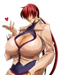 1girls 2d 2d_(artwork) big_breasts boob_window breasts breasts_bigger_than_head cleavage cleavage_window curvy curvy_female digital_drawing_(artwork) digital_media_(artwork) ear_accessory female female_focus female_only hair_covering_eyes heart king_of_fighters large_breasts lips long_hair red_hair shermie_(kof) signal-green snk white_background