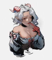 1girls bow breast breasts cleavage demon demon_girl demon_horns female girl horns mineshield nikiwright red_bow red_eyes succubus tagme white_dress_shirt white_hair