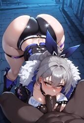 1boy 1boy1girl 1girls 2d ai_generated ass ass_up big_ass big_balls big_breasts big_butt big_penis black-skinned_male black_male blowjob breasts cock fellatio female honkai:_star_rail huge_ass huge_balls huge_breasts huge_cock p penis rape ribbon silver_hair silver_wolf_(honkai:_star_rail) standing thick thick_ass thick_thighs thighs ugly ugly_bastard