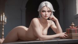 ai_generated ass breasts ciri completely_nude green_eyes looking_at_viewer nipples nude pussy scar secsmurphyai solo the_witcher_(series) the_witcher_3:_wild_hunt white_hair