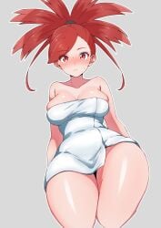 1girls breasts creatures_(company) female flannery_(pokemon) game_freak highres kamidan large_breasts naked_towel nintendo pokemon pokemon_oras red_hair solo thick thick_thighs towel wide_hips