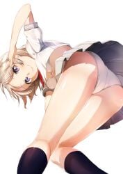 ass ass_focus bent_over brown_hair from_behind from_below love_live! love_live!_sunshine!! panties school_uniform schoolgirl serafuku short_hair underboob underwear watanabe_you