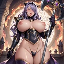 ai_generated cameltoe camilla_(fire_emblem) detailed_background deviantart fantasy fire_emblem fire_emblem_fates gener-ai nipples posing posing_for_the_viewer thick_thighs thighhighs thighs