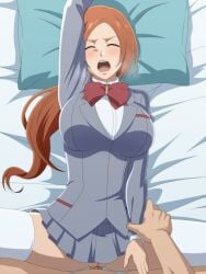 1boy bleach bleach:_sennen_kessen-hen breasts brown_hair censored dark-skinned_male dark_skin female highres inoue_orihime kh-fullhouse large_breasts long_hair mosaic_censoring open_mouth orange_hair penis pussy school_uniform sex straight