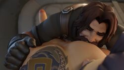 arm_tattoo big_pecs big_penis cole_cassidy fully_clothed gay gloves hanzo hanzo_shimada insolentcur nipples nude overwatch playing_with_nipple sucking sucking_nipples tagme tattoo