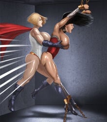 2girls ass black_hair blonde_hair blue_eyes bondage breast_grab breasts breasts_grab cape chained chains cleavage closed_eyes dc dc_comics depowered female female_only femdom gloves high_heels justice_league kaihlan kara_zor-l large_breasts legs long_hair multiple_girls nipples open_mouth power_girl rape shoes short_hair strapon thighs wonder_woman wonder_woman_(series) yuri