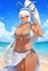 1girls beach big_breasts bikini blue_eyes breasts busty child_bearing_hips confident dark-skinned_female female female_only grey_hair hair_ribbon hi_res large_breasts legs long_hair majikina_mina navel ocean ponytail samurai_shodown sarong seductive seductive_smile smile snk solo sweat thick_thighs thighs thong_bikini toned underboob voluptuous water white_bikini