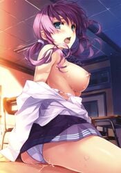 ass bra breasts cum misaki_kurehito nipples open_clothes open_shirt panties seifuku sex shirt