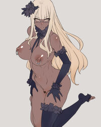 abs asymmetrical_bangs asymmetrical_clothes athletic_female ban blonde_hair cameltoe censored cleavage dark-skinned_female dark_skin elbow_gloves functionally_nude functionally_nude_female gold_eyes large_breasts long_hair megane navel_piercing nipple_piercing nipples nude pussy thighhighs yellow_eyes