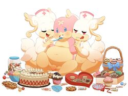 2016 ambiguous_gender audino closed_eyes food force_feeding forced group hat headgear hi_res male manene mega_audino mega_evolution nintendo nude nurse_hat penis pokémon_(species) pokemon tail video_games