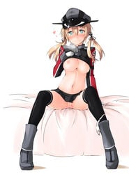 breasts kaminagi_(kaminagi-tei) kantai_collection nipples no_bra nopan prinz_eugen_(kantai_collection) pussy pussy_juice shirt_lift thighhighs