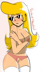 1girls areola blonde_hair breasts canon_genderswap cartoon_network cleavage curvy embarrassed enf female female_only jenny_bravo johnny_bravo johnny_bravo_(series) lingerie lost_clothes navel nipples panties pussy rule_63 sunglasses torn_panties