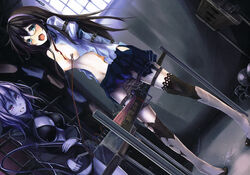 bikini bondage breasts cleavage dungeon evil_grin female grin japanese_text kantai_collection megane monikano nipples no_bra ooyodo_(kantai_collection) open_clothes open_shirt panties predicament_bondage prison pussy_juice re-class_battleship seifuku shinkaisei-kan shirt swimsuit text thighhighs torn_clothes translated