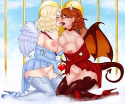 2016 angel big_breasts breasts crystal_maiden demon_horns demon_tail demon_wings devil dota_2 female heart heaven heels horns incest kissing lina multiple_girls nipples red_hair siblings sisters skirt softcore stockings tail valentine wings xinaelle yuri