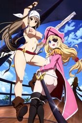 2girls amagi_brilliant_park ass eye_patch female_only gun latifa_fleuranza multiple_girls nakahara_kouhei naked_cape nipples photoshop pirate pussy sento_isuzu sword thighhighs uncensored weapon