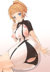 ass bike_shorts bodysuit gundam gundam_build_fighters gundam_build_fighters_try hoshino_fumina mori_airi nipples pussy torn_clothes