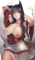 1girls ahri animal_ears arms_up black_hair breasts breasts_out female female_only fox_ears fox_girl functionally_nude functionally_nude_female fur furry_tail humanoid kemonomimi kumiho large_breasts league_of_legends multiple_tails nipples no_bra nopan pussy shaved_pussy sky_of_morika solo tail uncensored yellow_eyes yin_yang