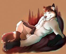 1boy 2016 animal_genitalia animal_penis anthro balls black_nose canine canine_penis denden erection folf fox fur hair hybrid knot male male_only mammal nude open_mouth penis simple_background smile solo teeth white_fur wolf yosha