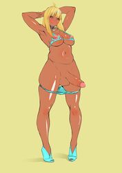 1futa armpits arms_up bikini blonde_hair blue_eyes breasts choker cupless_bra dark_skin erection futa_only futanari intersex large_breasts large_penis long_hair navel nipples penis socks_(artist) solo standing testicles