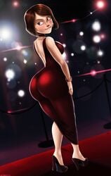 animated ass ass_in_dress ass_shake biting_lip breasts brown_eyes brown_hair choker dat_ass disney dress female female_only helen_parr high_heels highres huge_ass large_breasts looking_back milf pixar potential_duplicate red_dress shadman shoes short_hair smile smooth_skin solo standing stroke_(animator) the_incredibles twerking