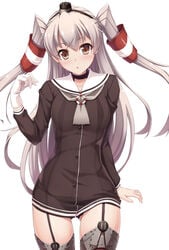 :o amatsukaze_(kantai_collection) ass_visible_through_thighs black_panties brown_eyes buttons collar eyebrows_visible_through_hair female female_only fujirin garter_straps grey_hair kantai_collection light-skinned_female light_skin long_hair looking_at_viewer navel nipples nipples_visible_through_clothing panties plain_background see-through see-through_clothing silver_hair small_breasts solo stockings thighhighs very_long_hair white_background white_hair