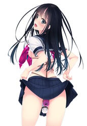 1girls bondage breasts breasts_out dildo dildo_harness dildo_under_clothes looking_at_viewer looking_back murakami_suigun nipple_piercing nipples no_bra nopan pussy_juice pussy_plug rope_harness school_uniform seifuku sex_toy shirt_lift skirt skirt_lift solo vibrator