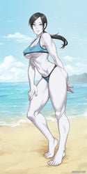 abs ass barefoot beach bikini black_hair breasts cleavage feet female female_only human large_breasts muscle muscular muscular_female nintendo outdoors ponytail seaside sefuart smile solo standing tied_hair toes underboob white_eyes white_skin wii_fit wii_fit_trainer