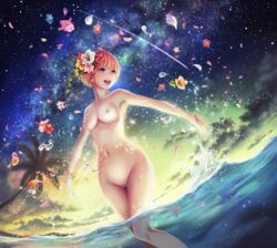 1girls anbe_yoshirou armpits bare_arms bare_shoulders bow cleavage cloud dutch_angle edit female female_only flower hair_flower hair_ornament hibiscus looking_away navel nebula night nipples nude nude_filter ocean official_art orange_hair original orthia_(ragnabreak) outdoors outstretched_arms palm_tree petals photoshop photoshop_(medium) purple_eyes pussy shinma_x_keishou!_ragnabreak short_hair sky smile solo splashing star_(sky) starry_sky sunset tree uncensored wading water water_drop white_bikini