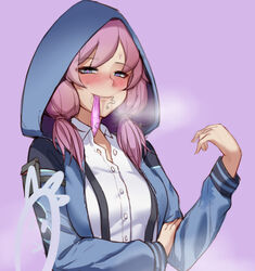 arknights arm_pouch armband artist_logo blue_eyes blue_jacket blue_poison_(arknights) blush breasts breath chinese_commentary closed_mouth collared_shirt condom condom_in_mouth eyebrows_visible_through_hair female hair_in_mouth half-closed_eyes heart heart-shaped_pupils heavy_breathing highres hood hood_up hooded_jacket jacket long_sleeves looking_at_viewer medium_breasts medium_hair mouth_hold naughty_face open_clothes open_jacket partially_unbuttoned pink_hair pubic_hair purple_background shirt simple_background solo stray_pubic_hair suspenders symbol-shaped_pupils tiankong_pie_ai twintails upper_body used_condom white_shirt