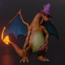 1:1 3d_(artwork) anthro bodily_fluids charizard clothing cum digital_media_(artwork) erection genital_fluids genitals hat headgear headwear henry_(henrycharizardboi) henrycharizardboi hi_res magic_user male nintendo nude penis pokémon_(species) pokemon pokemon_(species) reptile scalie solo standing video_games wings witch_hat wizard_hat