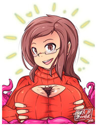 athorment_oc big_breasts breasts brown_eyes brown_hair chocolate cleavage clothed dark-skinned_female dark_skin evelyn_(athorment) evelyn_(athorment)_(female) female glasses grope long_hair looking_at_viewer paizuri pov skajrzombie smile solo_focus sweater tentacle