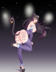 anal_insertion ass black_hair blake_belladonna cat_ears cat_tail collar elbow_gloves faunus female gradient_background hand_prints high_heels long_hair multicolored_hair platform_heels purple_hair pussy rwby shonomi stockings tattoo yellow_eyes