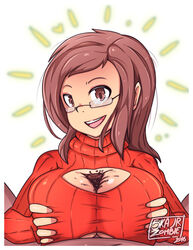 athorment_oc big_breasts breasts brown_eyes brown_hair chocolate cleavage clothed dark-skinned_female dark_skin evelyn_(athorment) evelyn_(athorment)_(female) female glasses grope long_hair looking_at_viewer male open-chest_sweater open_chest_sweater paizuri pov skajrzombie smile solo_focus straight sweater