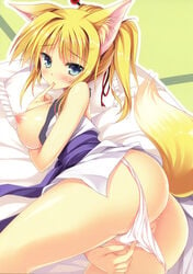 animal_ears anus ass breasts dog_days female female_only fur furry_ears furry_tail kitsune marvelous_grace nipples no_bra open_clothes open_shirt panty_pull pussy shirt solo tail tateha uncensored yukata yukikaze_panettone