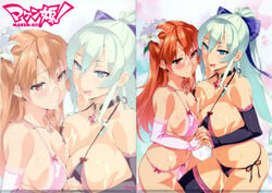 2girls bangs blonde_hair blue_eyes blush bow bow_bra bow_panties bra breast-to-breast bridal_gauntlets choker cleavage embarrassed espada_love female female_only hair_down hair_flower hair_ribbon heart_choker holding_hands jewelry lace-trimmed_bra lace-trimmed_gloves lace-trimmed_panties lace_trim leg_between_thighs lingerie long_hair looking_at_viewer maken-ki! multiple_girls necklace orange_hair panties pink_bra pink_panties pink_underwear platinum_blonde_hair ponytail red_eyes side-tie_panties sideboob string_panties suggestive_fluid symmetrical_docking takaki_furan takeda_hiromitsu thighhighs tongue tongue_out toranoana underwear