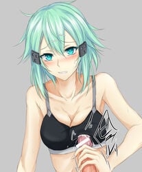 1boy 1girls :d aqua_eyes aqua_hair armpits asada_shino bar_censor bare_arms bare_shoulders black_bra blush bra breast_press breasts censored cleavage colored_eyelashes cum cum_on_clothes ejaculation female fingernails grin gun_gale_online hair_between_eyes hair_ornament hairclip handjob long_fingernails looking_at_viewer male_pov motion_lines open_mouth penis piro_(iiiiiiiiii) pov pov_eye_contact sinon smile solo_focus sports_bra straight sweatdrop sword_art_online sword_art_online:_phantom_bullet tsurime underwear upper_body veins veiny_penis