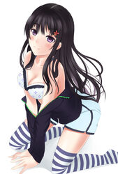 bare_shoulders black_hair blush bra breasts cleavage female harami highres hood hoodie long_hair looking_at_viewer original purple_eyes striped striped_legwear underwear undressing unzipped