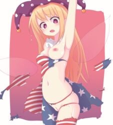 alternate_legwear american_flag american_flag_bikini american_flag_legwear american_flag_shirt arm_up armpits blonde_hair breasts censored clownpiece cute_fang fairy_wings female gradient_background hat jester_cap long_hair nipples one_breast_out pink_eyes print_legwear pussy solo sweatdrop takos_(pixiv15744655) tears torn_clothes touhou very_long_hair wings