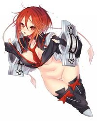 :o areolae black_legwear blush bottomless breasts collarbone curvy female fingerless_gloves gloves groin guilty_gear looking_at_viewer midriff navel necktie nipples open_clothes orange_hair oro_(sumakaita) red_eyes red_hair red_necktie shirt_pull short_hair simple_background solo standing stomach thighhighs tsurime valentine_(guilty_gear) white_background wide_hips wrist_cuffs