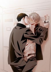 2boys against_wall blush bulge haikyuu!! indoors kissing locker_room male_only monochrome multiple_boys restrained sawamura_daichi school school_uniform student sugawara_koushi tagme undressing yaoi