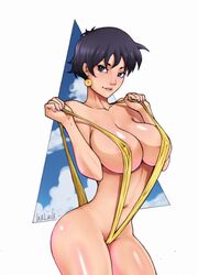 absurdres bikini biting_lip black_hair blue_eyes breasts covered_nipples dragon_ball dragon_ball_z earring female highres huge_filesize nail_polish navel pink_nails salaiix short_hair sling_bikini solo strap_pull swimsuit teenager undressing videl