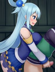 1boy :d alfort_(may0508) aqua_(konosuba) blue_eyes blue_hair blush bottomless breast_press breasts censored female femdom from_side handjob jacket kono_subarashii_sekai_ni_shukufuku_wo! long_hair mosaic_censoring no_panties open_mouth penis profile reach_around satou_kazuma smile straight sweatdrop track_jacket