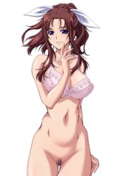 areolae black_rainbow blue_eyes bottomless bra breasts brown_hair censored female game_cg large_breasts legs long_hair looking_at_viewer milf navel nude ponytail pussy saiminjutsu_2 simple_background solo standing takase_shino thighs tied_hair underwear white_background yoshino_keiko