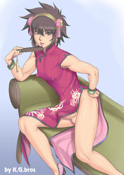 1boy androgynous artist_name balls blush bracelet brown_eyes brown_hair china_dress chinese_clothes chinese_dress crossdressing earrings erect_nipples eyeshadow fan fanservice femboy folding_fan girly hair_ornament hairband high_heels k.g.bros kakugari_kyoudai libs lips lipstick looking_at_viewer makeup male male_only niku_ringo nikuringo nipple_bulge no_panties no_panties_under_dress no_pants original penis penis_under_dress pokies precum pretty_boy sofa solo solo_male testicles trap yuuki_rin