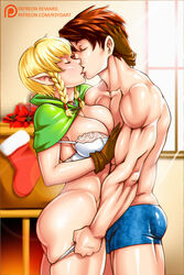 absurdres ass blonde_hair boxers bra braid breasts brown_hair capelet cleavage closed_eyes curvy_female female fireplace gloves hand_on_head highres hyrule_warriors kissing linkle male muscle muscular_male original_character panties panty_pull pointy_ears r3ydart shirtless short_hair straight sunlight the_legend_of_zelda tied_hair twin_braids underwear undressing white_bra white_panties window