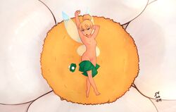 34no404 areolae artist_name barefoot blonde_hair blue_eyes breasts disney disney_fairies fairy fairy_wings feet frown lipstick navel nipples peter_pan_(disney) pointy_ears pussy sitting spread_toes tinker_bell toes undressing wings