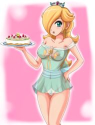 blonde_hair blue_eyes breasts cake female female_only gradient_background human human_only mario_(series) nail_polish nintendo nipples open_mouth photoshop princess_rosalina pussy sigurdhosenfeld skirt solo super_mario_galaxy waitress